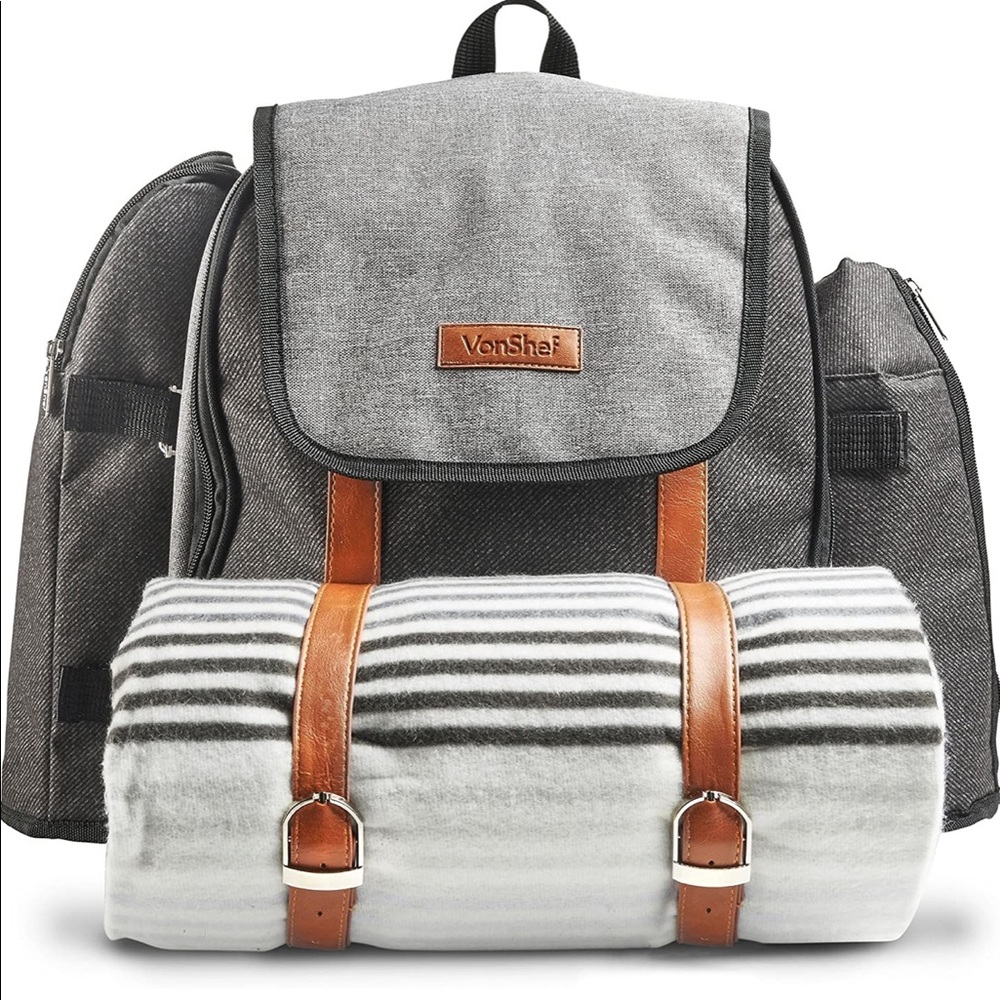 VONCHEF NWT 4 person grey picnic backpack +blanket